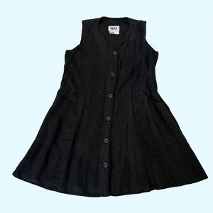 FLAX Soft Lightweight Black Linen Dress V Neck Button Front Pockets Sz S